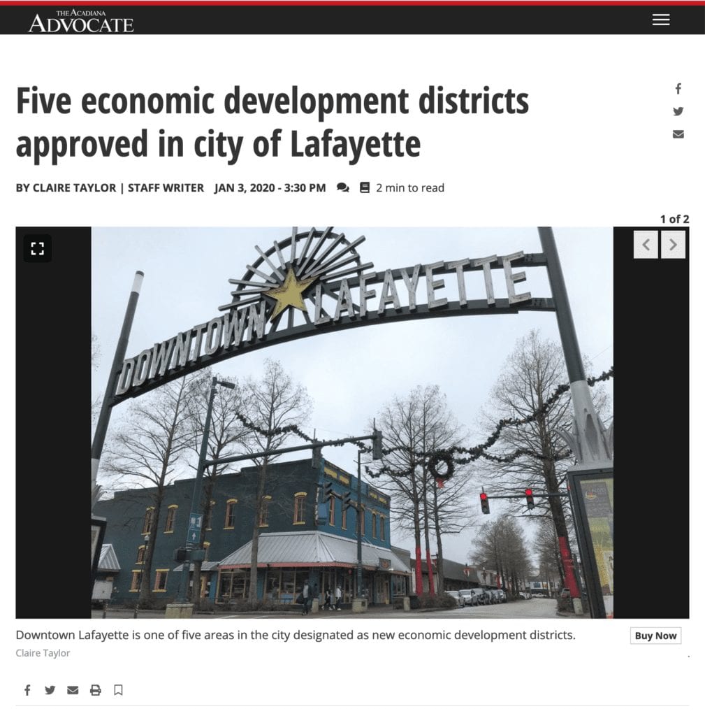 Screenshot of news article about the passage of five new economic development districts in Lafayette