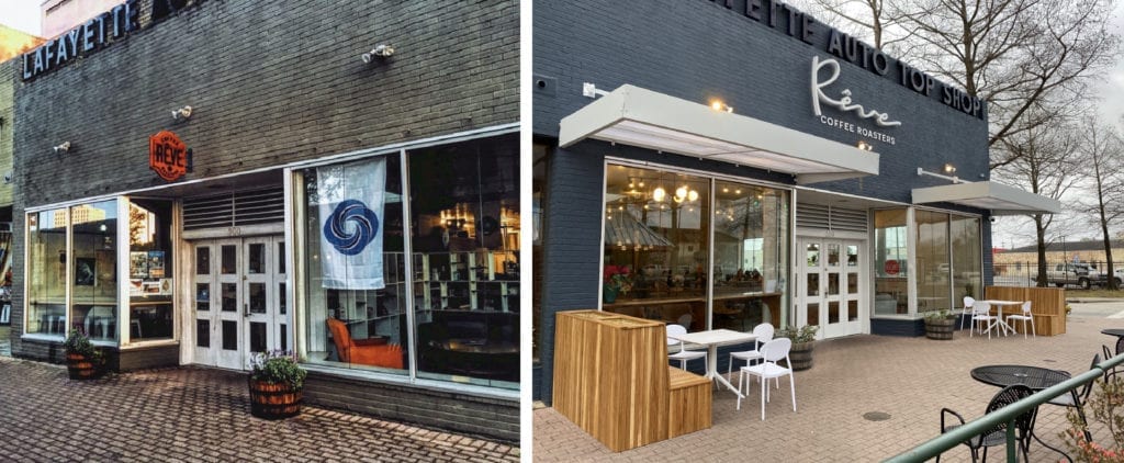 Before and after image of Reve coffeshop transition from grungy bricks to fresh paint with new signs and outdoor seating